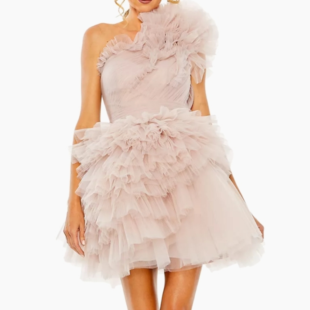 Mac Duggal Tulle One-Shoulder Minidress